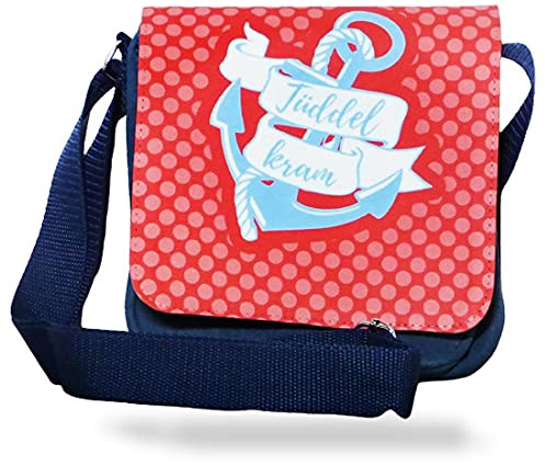 Fördeblau Maritime Umhängetasche 'Tüddelkram' mit Anker – Stilvolle Jeanstasche, Kompakte 18x20x6cm, Handbedruckt, Praktische Fächer, Geschenkidee für Damen
