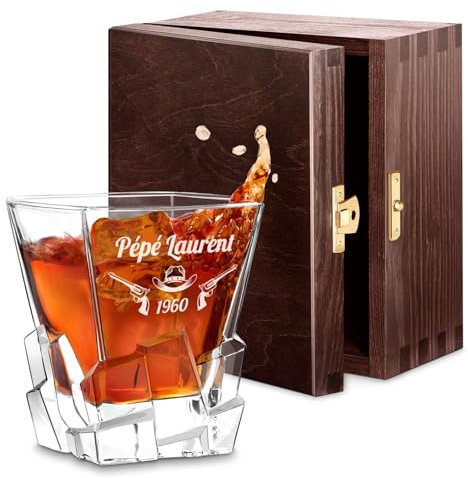 Maverton Vaso de Whisky Personalizado 250ml - Vaso De Cristal Regalos Originales Para Hombre - Nombre Grabado Día del Padre Cumpleaños Regalos - Diseño de Cubo de Hielo - Brazos