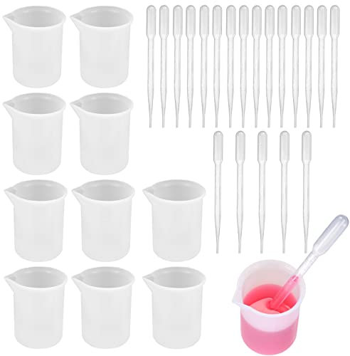 10 Pièces Tasses à Mesurer Silicone,100 ml Mesurer Gradué pour Résine, Tasses à Mélanger Antiadhésives Moule Ailicone pour Moules de Coulée Résine époxy, avec 20 Pipettes