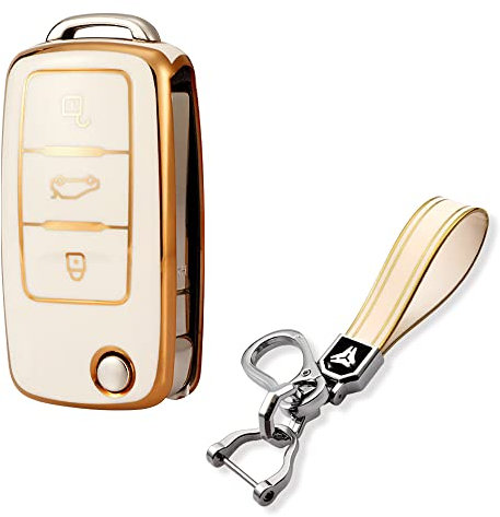 Autoschlüssel Hülle kompatibel mit VW Polo, Skoda, Fabia, Golf 4/5/6, T5, Multivan 3 Tasten Autoschlüsselkasten Auto Schlüsselgehäuse Schlüsselhülle Cover mit Schlüsselanhänger