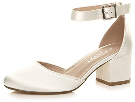 AJVANI Low mid Block Heel Ankle Strap Court Shoes Sandals Ivory Satin