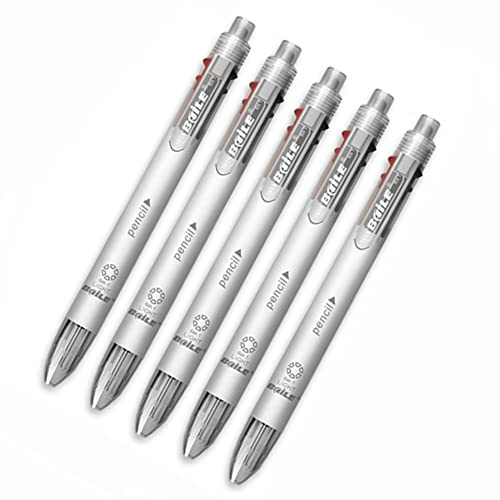 MROOFUL Chunky Druckkugelschreiber, mehrfarbig, 6-in-1-Kugelschreiber, 0,5 mm, mittlere Spitze, 1 Mechaniker-Bleistift mit Radiergummi, Weiß