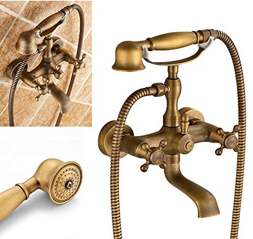 Badewannenarmatur, Wannenarmatur Retro Messing Badewanne Mischbatterie mit Handbrause Wandmontage Wasserhahn Bad Dusche Armaturen Set