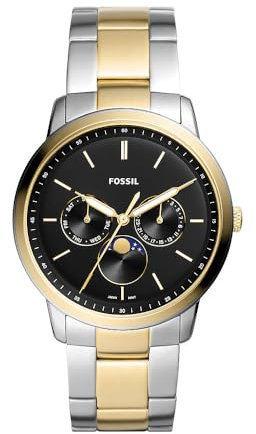 Fossil Neutra uhr für Herren, Mondphasen-Multifunktionswerk mit Edelstahl- oder Lederarmband, Schwarz und Silberton, 42MM