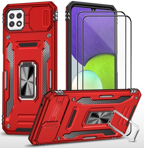 CLYDITE Coque pour Samsung A22 5G étui avec 2 Verre Trempé Support magnétique Armure Robuste Antichoc Silicone avec Couvercle de caméra Coulissant Bumper-Rouge