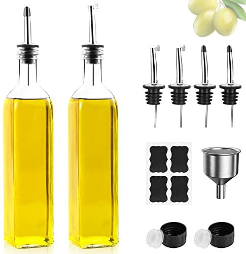 Ölflasche, 2 x 500 ml Essig und Ölspender, Olivenölflasche mit Trichter, Anlaufgeschütztem Deckel, Etikett, Glasflasche für Küche und BBQ