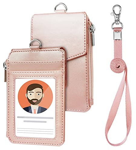 OFFCUP Ausweishülle, PU Leder ID Card Holder, Kartenhülle mit Schlüsselband Ausziehbar Ausweishülle, mit 1 Transparente ID Fenster eine Reißverschlussschicht und 4 Kartenfächern(Roségold)