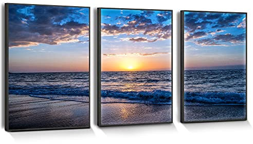 hyidecorart Cadre Noir Tableau Decoration Murale Salon, Tableau Moderne Toile Coucher De Soleil Plage Mer Nature Paysage Impression Sur Toile, Decoration Murale Chambre Salle De Bain Cuisine