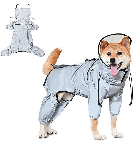 Avont Regenjacke Hunde Reflektierende Regenmantel wasserdichte Sichere Hiking Reißverschlüsse Hundemantel, mit 4 Beine & Durchsichtige Kapuze für Kleine, Mittelgroße und Große - Silbrig -S