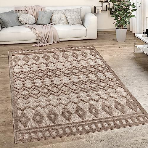 Paco Home Outdoor Teppich wetterfest & langlebig Moderne Boho-Designs mit 3D-Effekt Skandi-Look UV-beständig & robust für Balkon, Garten, Wohnzimmer & Küche, Grösse:200x280 cm, Farbe:Beige