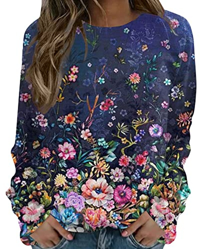 uxxnjfg Femme Sweat-Shirt Mode Fleurie Col Rond Veste Manches Longues Sweat Casual Chic Adulte Automne Manteau