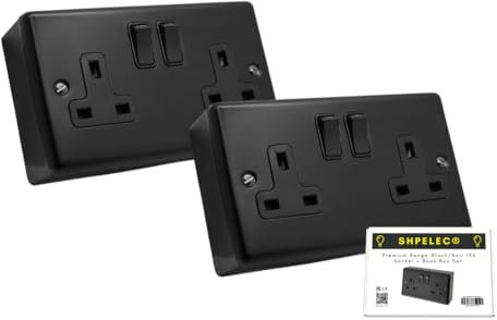 SHPELEC® Matt Black Finish 13A Metal Double Socket with 35mm PVC Surface Mount Back Box - Modern Design, Easy Installation (2 Gang Socket + Back Box (2 pack))