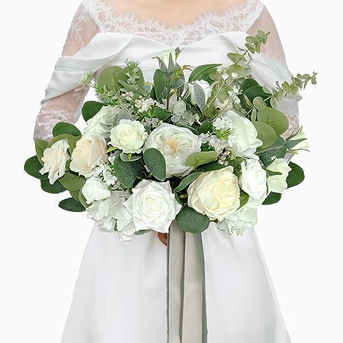 BENCENTRE 35,6 cm weißer Brautstrauß, Hochzeitsstrauß, Brautsträuße für Hochzeitszeremonie, Jahrestag, Party und französische rustikale Vintage-Hochzeit, künstliche Blumen