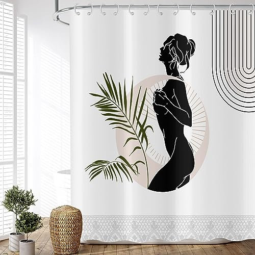 ASDCXZ Tenda da doccia stile bohémien, 180 x 180 cm, moderna, astratta, elegante, ragazza, verde, foglie bianche, per bagno, lavabile, in poliestere, impermeabile, tenda da doccia per vasca da bagno