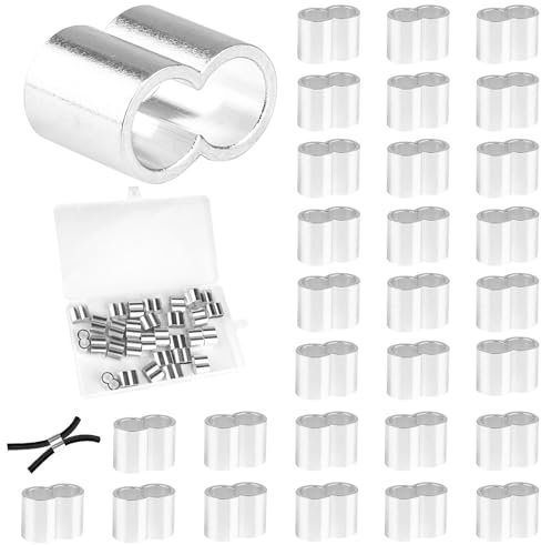 Jwogngls Lot de 30 serre-câbles de 8 mm en aluminium avec boîte de rangement - Double manchons de serrage - Bornes de serrage pour corde en caoutchouc, corde d'expansion, corde de bâche (8 mm)