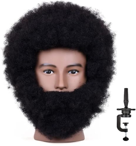 HAIRWAY Afro Afrikanische männliche Schaufensterpuppe Kopf Kinky Curly 4C 100% Echthaar 8 Zoll Manikin Training Puppe Kopf mit Bart zum Üben Friseur Styling Kosmetologie Haarschnitt mit Ständer