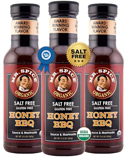 Mr. Spice Honey BBQ Sauce 3-Pack, Organic Salt Free, 13.5 oz Each | BBQ marinade for grill & air fryer, no salt added, low sodium, gluten free, 40.5 oz Total