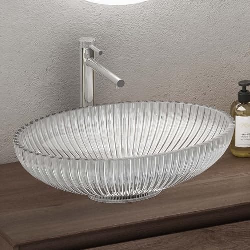 Sogood Lavabo à Poser Vasque en Verre Transparent Lave Mains Ovale de Salle de Bains Petit Lave-Mains pour WC 50,5x35x14,5 cm Minerva04