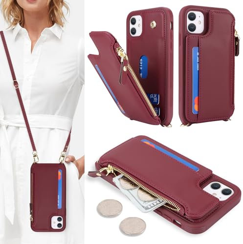 SailorTech Coque pour iPhone 11 Étui avec Porte-Cartes de crédit, Etui pour iPhone 11 Housse avec Courroie de Cou Portefeuille avec Fentes pour Cartes de crédit-Bourgogne
