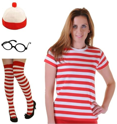 RAIS 4-teiliges Nerd-Geek-Kostüm für Damen, bestehend aus rot-weiß gestreiftem T-Shirt, Brille, Socken und Hut. Kostüm für Halloween, Welttag des Buches (M-L)