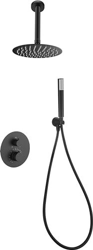 IMEX - Conjunto de ducha termostático empotrado con rociador a techo - Griferia de ducha con control temperatura - Duchas de baño con 2 vias color Negro Mate GTP059/NG