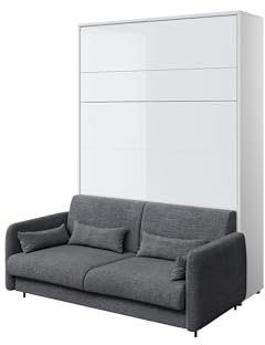 MEBLINI Schrankbett mit Sofa Bed Concept - Wandbett mit Lattenrost - Klappbett mit Schrank - Wandklappbett - Murphy Bed - BC-12-160x200cm Vertikal - Weiß Hochglanz/Dunkelgrau mit Matratze