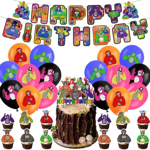 30PCS Gorilla Party Balloon Decorations,Tag Theme Party Decorations Set Birthday Decorations Gorilla Balloons Happy Birthday Banner Cake Toppers for Kids Boys