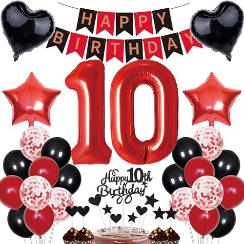 10. Geburtstag Dekorationen für Jungen und Mädchen - Geschenk, Tortendeko, Happy Birthday Banner, Rot-Schwarz Deko Set, Zahl 10 Party Ballons