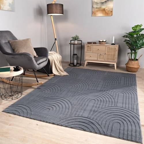 TT Home Wohnzimmer Teppich Esszimmer Kurzflor Geometrische Optik Skandi Boho Unifarben, Farbe:Hellanthrazit Dunkelgrau, Größe:80x150 cm