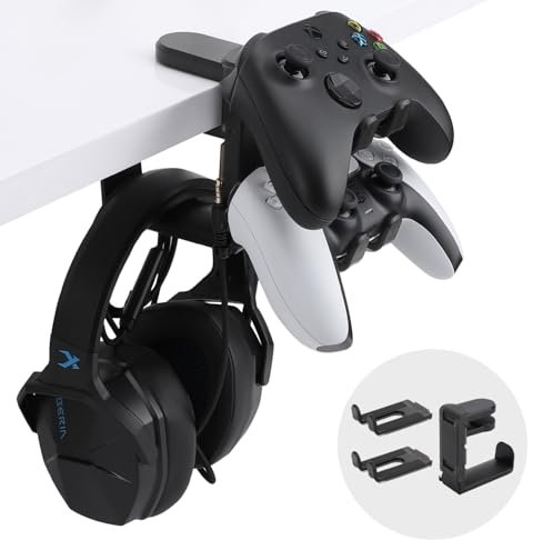 Ginzeca PC Gaming Headphone & Controller Holder, 3 in 1 Under Desk Clamp Universal Headset Controllers Hook with Adjustable and swivelling arm clamp(Black)