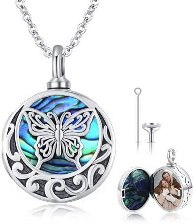 REDSUN Urne Halskette für Asche S925 Sterling Silber Medaillon Kette Schmetterling Abalone Shell Einäscherung Andenken für Asche Feuerbestattung Schmuck Geschenke für Frauen Mädchen