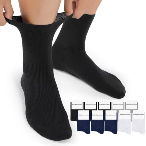 Mowenti Diabetiker Socken Herren ohne Naht Diabetikersocken Damen ohne Gummibund Baumwolle 10Er Pack 43-46 Schwarz Weiß Grau Blau Herrensocken Damensocken