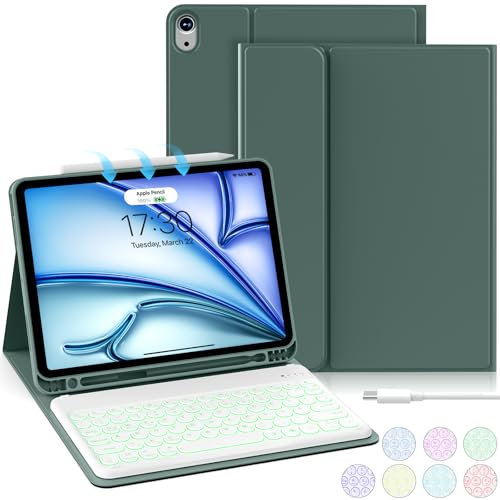 aoub Hülle mit Tastatur für iPad Air 11 Zoll 2025 M3/2024 M2, Kompatibel mit iPad Air 7./6./ 5./ 4. Generation 2022/2020 10,9 Zoll, 7 Farbige Beleuchtete Tastatur mit Hülle, Grün
