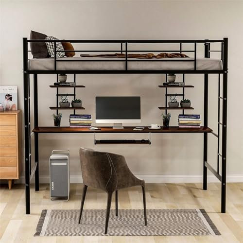 buiesjole Cama Alta Juvenil con Escritorio y Estantes, Eestructura de Cama de Metal 90x190 cm para Adultos Niños, Jóvenes, Cama Individual con Escaleras, Cama de Hierro Negro