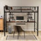 buiesjole Hochbett Erwachsene mit Schreibtisch und 2 Regalen, Metallbett 90x190 cm, für Kinder, Jugendliche, Einzelbett Metall Bettrahmen Kinderhochbett mit Treppe Jugendbett Eisenbett Schwarz