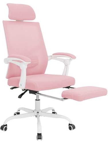 UEV Chaise Bureau Ergonomique, Chaise de Bureau avec roulettes et Accoudoirs, Hauteur et Appui-tête Réglable, Repose Pieds, Capacité 136kg, Fabriquer en Maille Respirant (Rose)