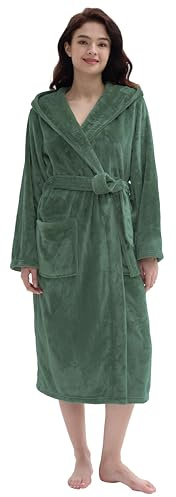 Amorbella Ladies Ultra Soft Dressing Gown Heavy Fleece Robe Long Warm Bathrobe(Olive, Medium)