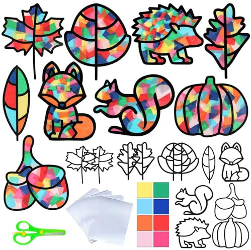 BOOMTOP 12 Herbst Basteln Fensterbilder Herbst Bastelset Bunte Fensteraufkleber Herbstdeko Herbstblätter Kürbis Igel Fenster Deko DIY Herbst Kränze Thanksgiving Erntedankfest Kreative Geschenke