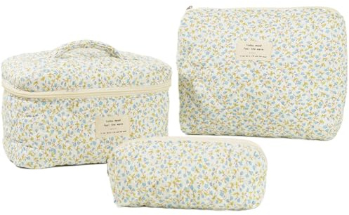 Lot de 3 Trousse de Toilette Matelassée Femme en Coton Doux, Trousse de Maquillage Fleurie, Trousse à Cosmétiques Matelassée à Fermeture Éclair, Trousse de Toilette Voyage de Grande Capacité (E)