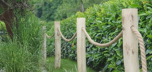 Seilzaun 100 cm Höhe - angespitzte Kastanienpfosten mit Loch und Seil als Garten oder Weg Begrenzung