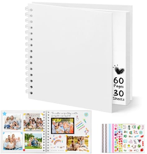 DazSpirit Album Fotografico Personalizzabile, 8-inch Album Foto, Scrapbook Quadrato con Copertina Rigida con 5 Adesivi, Album Fai da Te per Matrimoni, Neonati e Anniversari, 60 Pagine, Bianco