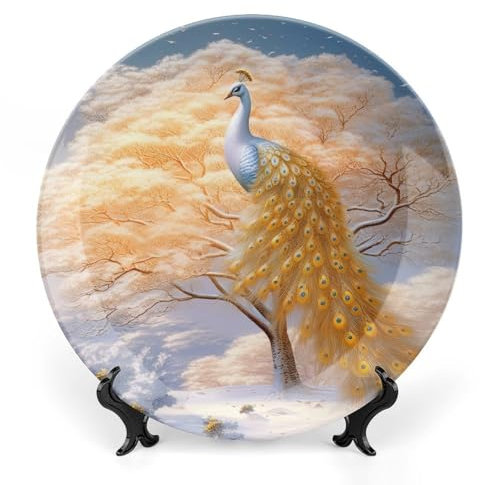 Pfau Keramik Deko Teller, Schöne Vogel Dekorative Schale mit Ständer, Elegante Tier Knochen China Dekorative Teller Kunst Porzellan Teller für Wohnzimmer Flur Tisch Dekor