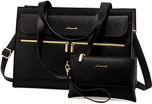 LOVEVOOK Laptop Bags for Women 15.6 Inch Ladies Work Bags Large Tote Bag with Laptop Compartment Designer Handbag Stylish PU Leather Briefcase for School Shoulder Bag for Office Business, Black