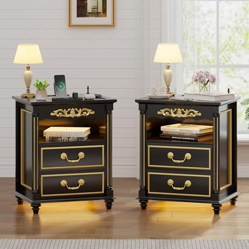 Gurexl Led Nachtschrank 2er Set mit Beleuchtung, Retro Nachttisch landhausstil mit Ladefunktion mit 3 Licht Dimmbar, Intelligent Sideboard mit 2 Schubladen USB Type-C Schlafzimmer Schwarz