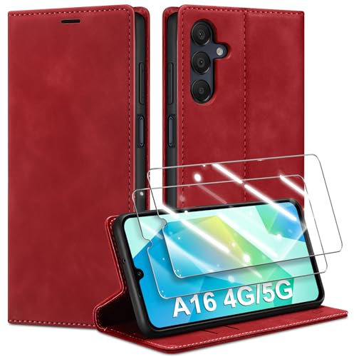 Guisessy Handyhülle für Samsung Galaxy A16 5G /4G Hülle Leder und 2 Schutzfolie, Premium Klappbar Flip Wallet mit Magnet Kartenfach Standfunktion Schutzhülle für Samsung A16 4G/5G, Rot
