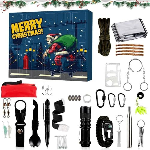 Jobfun Survival & Mechanics Advent Calendar for Men, Survival Tool Advent Calendar 2024, Christmas Survival Kit with Storage Bag for Outdoor Camping Fishing Hunting Adventure (C)