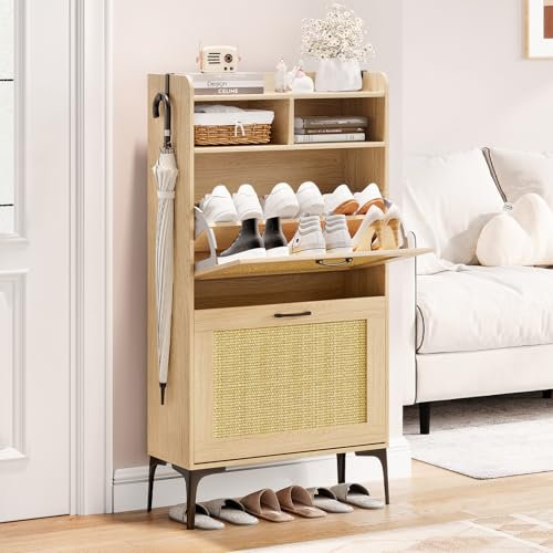 Dripex Schuhschrank schmal, Schuhkipper mit Rattan-Dekor, 2 Flip-Schubladen,Schuhregal schmal mit Metallfüßen, verstellbaren Fächern für den Eingang, Flur und Wohnzimmer, 60x24x114cm