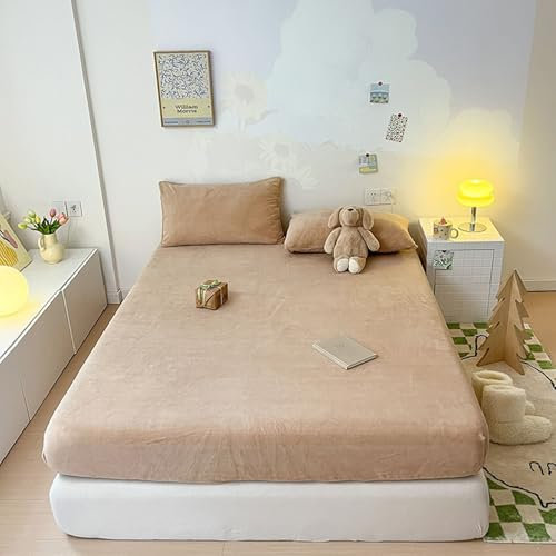 Mesnt Topper Spannbettlaken 180x200, Einfarbig Spannbetttücher Elastisch Bettlaken aus Samt für Boxspringbetten, Bequem, Helles Khaki