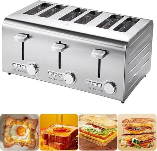 Commercial 6 slices Toaster, Auto Pop-Up (Independent & Extra wide slots with high lift, 7 Browning levels, Frozen/Cancel/Reheat function, Removable crumb tray, Brushed & Stainless Steel