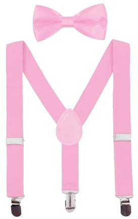 CXNXFD Kinder Hosenträger Fliege Set, Kinder-Hosenträger mit Elastischer Y-Form Verstellbar mit Clips (Rosa)